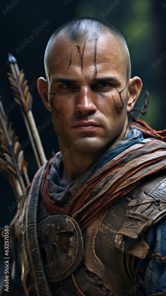 Naklejka premium A captivating portrait of an agile archer, poised with unparalleled precision. The image reflects the dynamic expertise and swift movements inherent to archery mastery.