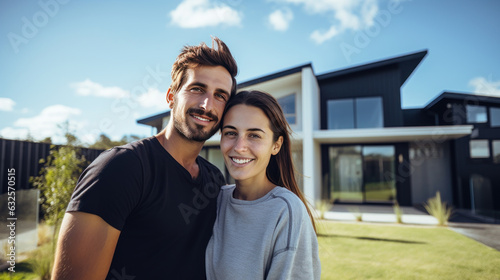 couple heureux nouveaux propriétaire posant devant leur villa photo