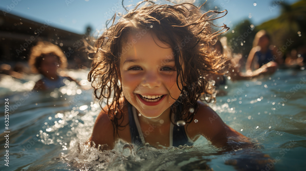 Obraz premium Happy Girl Enjoying Tropical Sea Vacation. Smiling Child Playing in the Waves, Joyful Kids' Ocean Adventure, Splashing water with blonde hair. Summer Beach Fun Laughter Outdoor Landscape