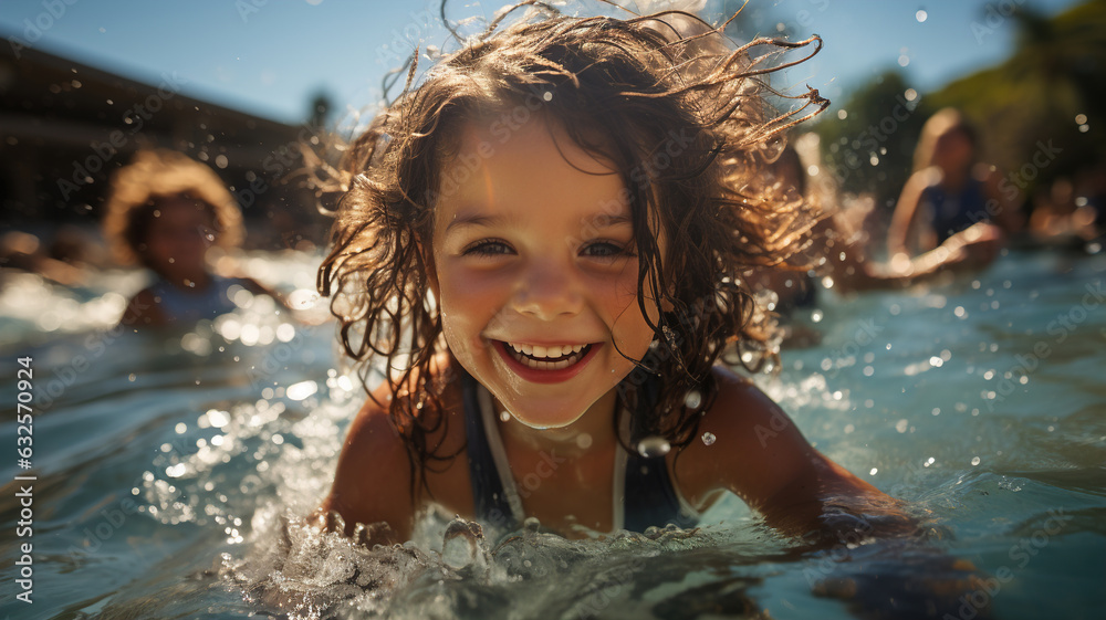 Happy Girl Enjoying Tropical Sea Vacation. Smiling Child Playing in the Waves, Joyful Kids' Ocean Adventure, Splashing water with blonde hair. Summer Beach Fun Laughter Outdoor Landscape
