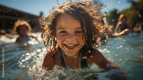 Happy Girl Enjoying Tropical Sea Vacation. Smiling Child Playing in the Waves, Joyful Kids' Ocean Adventure, Splashing water with blonde hair. Summer Beach Fun Laughter Outdoor Landscape