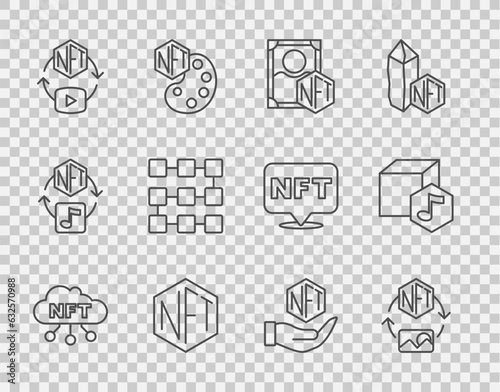 Set line NFT cloud, Digital crypto art, blockchain technology, and icon. Vector
