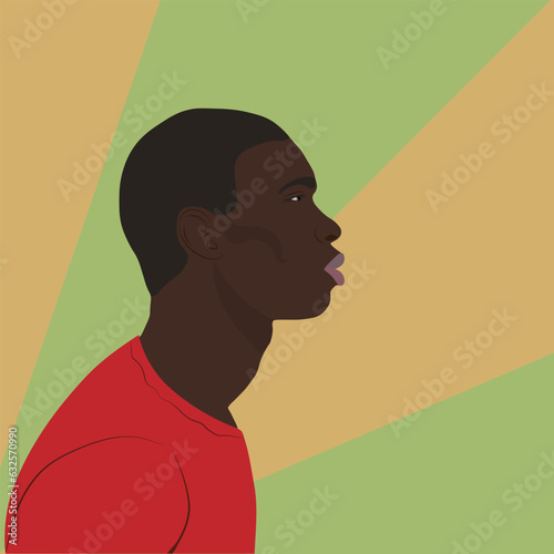 Black african-american man middle age. Male portrait in a red T-shirt on a light background. A realistic Man with a short haircut. Profile view. Illustration for poster, cover, report.