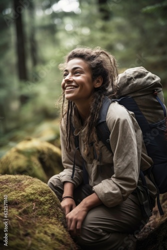 shot of a young woman smiling as she stops for a rest on her hike through the wilderness