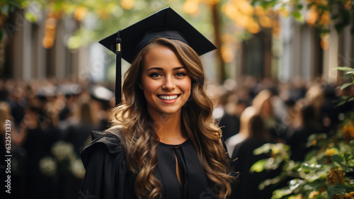 Young Female Graduate Celebrating Success in University. Smiling Girl in Graduation Gown and Hat. Achievement, Education, Bright Future Success Concept. Commencement Ceremony on College Campus