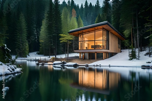 Awesome design of modern wooden house in a beautiful forest near lake