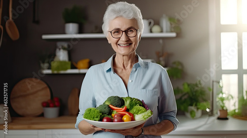 Portrait of pensioner mature woman holding dish of healthy vegetable salad with smiley face. Retired woman proud to show her home made food in her kitchen at home.