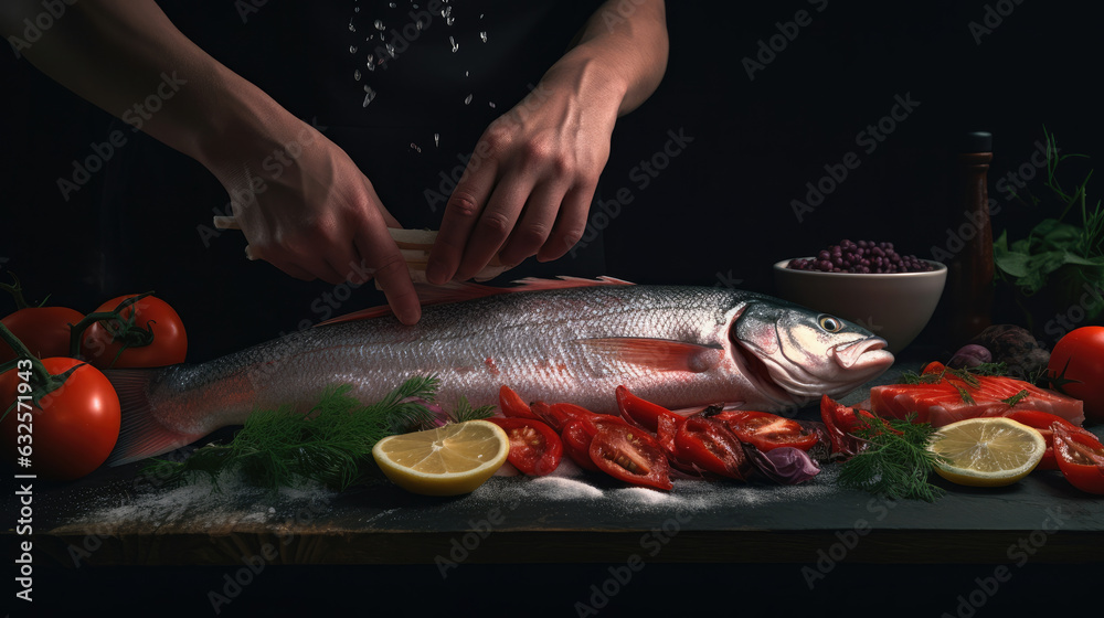 Sea cuisine, Professional cook prepares pieces of red fish, salmon, trout with vegetables.Cooking seafood, healthy vegetarian food and food on a dark background