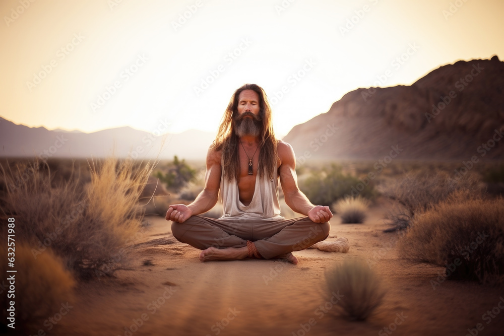 Calm, peaceful long haired muscular man sitting in lotus position and meditating in the dessert Calm, peaceful long haired muscular man sitting in lotus position and meditating in the dessert