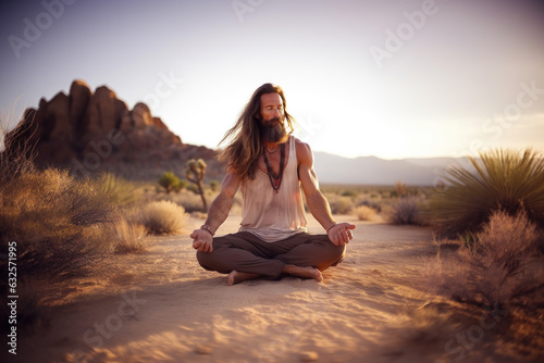 Calm  peaceful long haired muscular man sitting in lotus position and meditating in the dessert