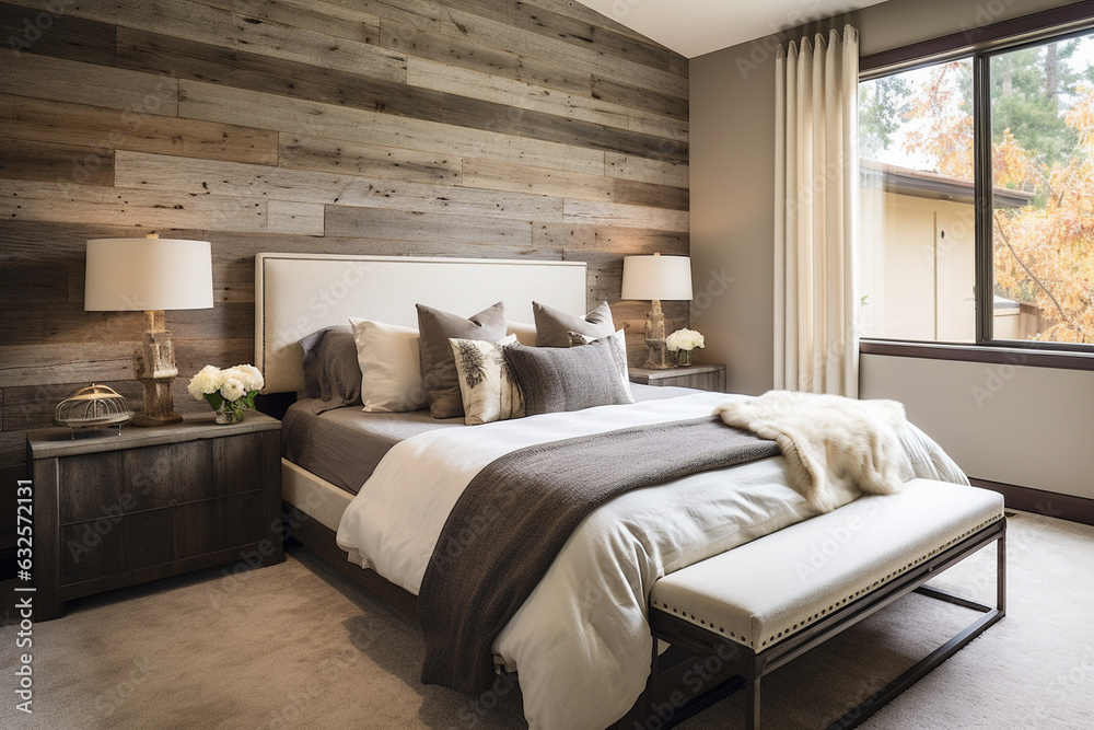Create a serene bedroom with a muted color palette and natural materials, such as a reclaimed wood accent wall, providing a rustic touch to the minimalist space.