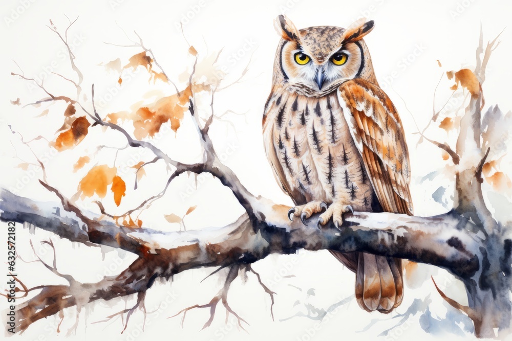 Obraz premium Watercolor owl standing on a tree branch. Beautiful illustration picture. Generative AI