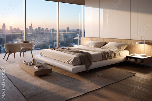 Create a minimalist bedroom with a floating platform bed, surrounded by floor-to-ceiling windows, offering panoramic views of the cityscape beyond." Generative AI © Maksym