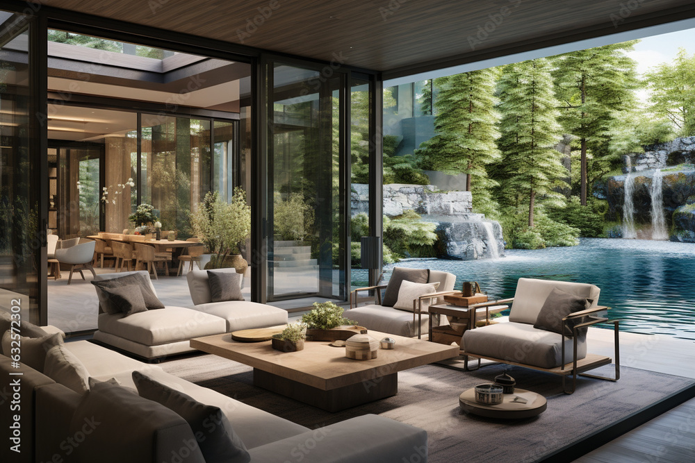 Craft an inviting living room with floor-to-ceiling glass walls, seamlessly merging indoor and outdoor spaces, allowing residents to immerse themselves in nature.