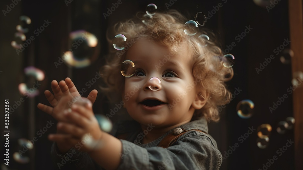 Bohemian style portrait of a cute child playing with bubbles