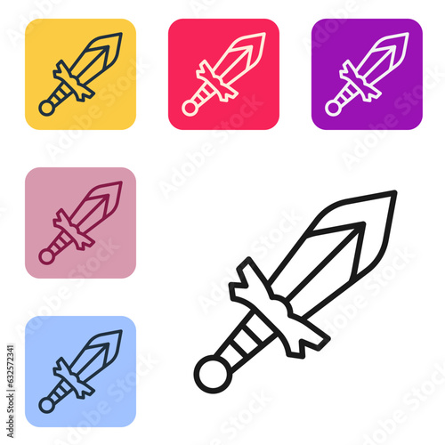 Black line Medieval sword icon isolated on white background. Medieval weapon. Set icons in color square buttons. Vector