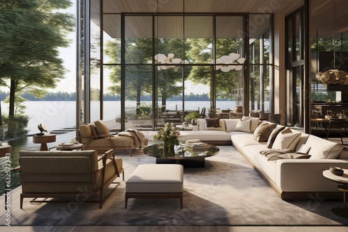 Craft an inviting living room with floor-to-ceiling glass walls, seamlessly merging indoor and outdoor spaces, allowing residents to immerse themselves in nature." Generative AI © Maksym