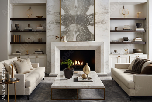 Craft an elegant living room with a minimalist marble fireplace, set against a backdrop of monochromatic tones, emanating an atmosphere of refined luxury." Generative AI © Maksym