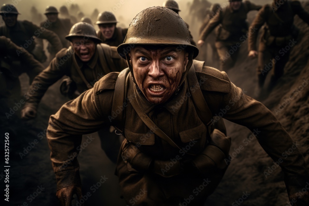 Wide angle modern military in the trench. Beautiful illustration picture. Generative AI