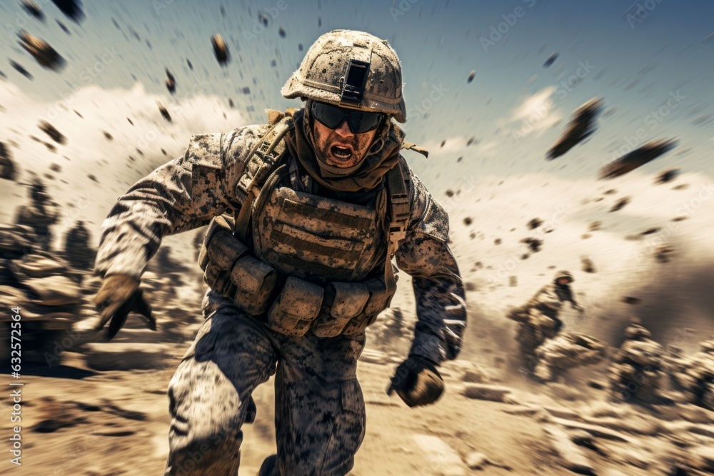 Wide angle modern military is in action, running. Beautiful illustration picture. Generative AI Wide angle modern military is in action, running. Beautiful illustration picture. Generative AI