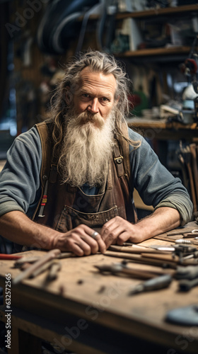 A captivating portrait of a devoted craftsman in his workshop, surrounded by tools of his trade. This depiction captures the essence of creativity, dedication, and meticulous artistry.