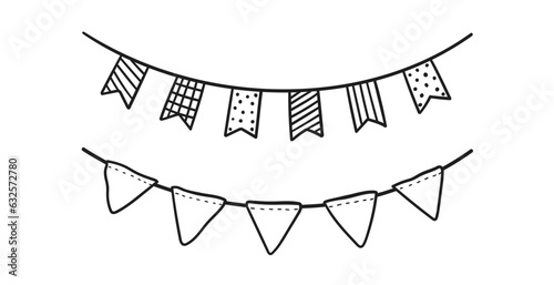 Set of Doodle flags for decoration. Garland black lines sketch. hand drawn vector illustration. Drawing doodles. holiday oatmeal