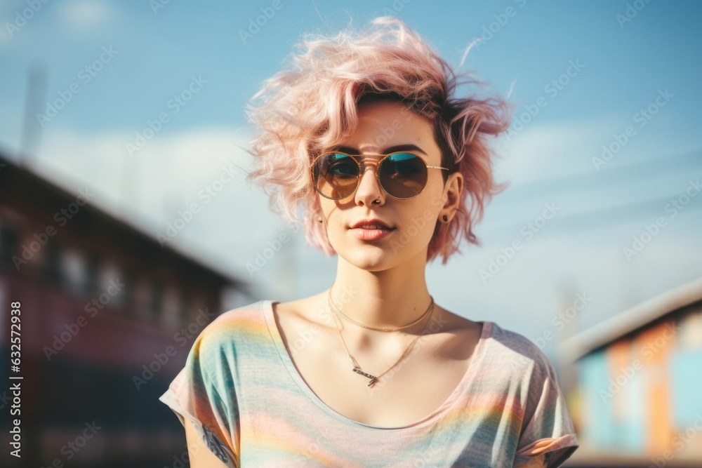 Young hipster woman, lgbt orientation, on the street. Beautiful illustration picture. Generative AI