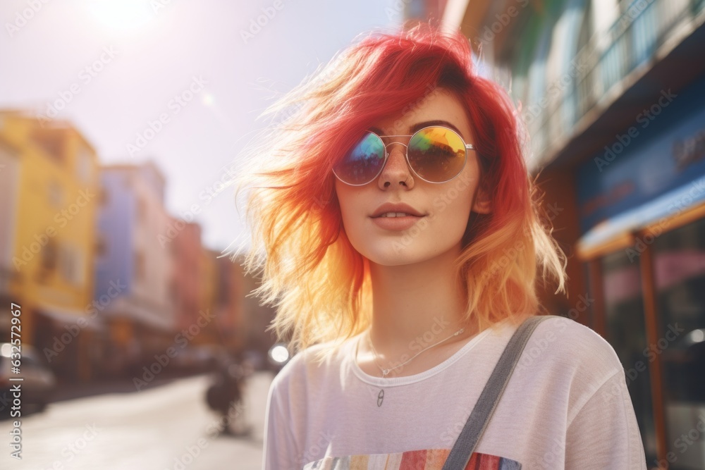 Young hipster woman, lgbt orientation, on the street. Beautiful illustration picture. Generative AI