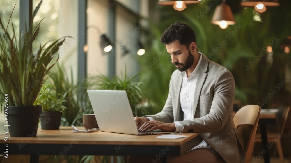 Fototapeta premium Young professional businessman is working by laptop. Beautiful illustration picture. Generative AI