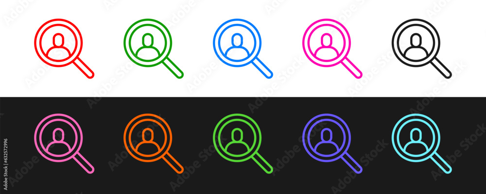 Set line Magnifying glass for search a people icon isolated on black and white background. Recruitment or selection concept. Search for employees and job. Vector Set line Magnifying glass for search a people icon isolated on black and white background. Recruitment or selection concept. Search for employees and job. Vector