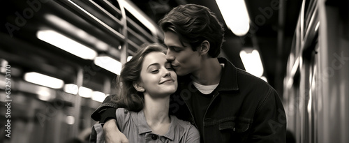 A romantic film still of a couple, a young woman and a young man, both in their 20s. Fall in love at first sight in the subway station. Image made by Generative AI