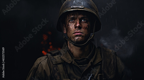 A hyper realistic portrait of a soldier, capturing intense details and embodying discipline, bravery, and unwavering dedication to service.