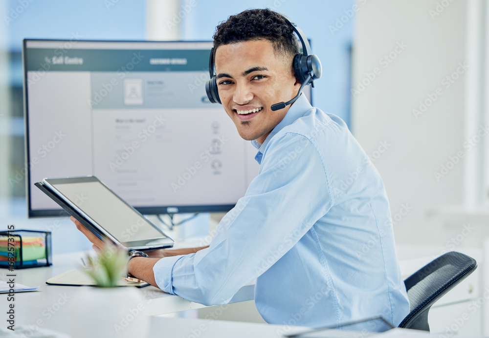Technology, consultant and portrait of help in call center, customer service and advice in technical support on tablet or computer. Contact us, agent and businessman online with care in communication Technology, consultant and portrait of help in call center, customer service and advice in technical support on tablet or computer. Contact us, agent and businessman online with care in communication
