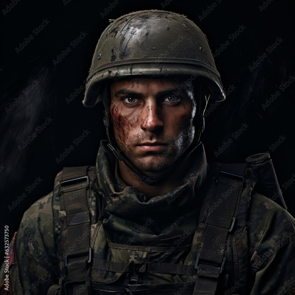 A hyper realistic portrait of a soldier, capturing intense details and embodying discipline, bravery, and unwavering dedication to service. A hyper realistic portrait of a soldier, capturing intense details and embodying discipline, bravery, and unwavering dedication to service.
