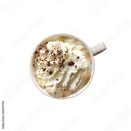 A cup of hot Cappuccino coffee with whipped cream and bits of chocolat on top of it, top view isolated object clipping path, soft focus