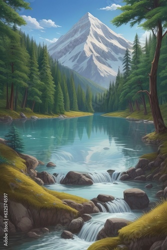 oil painting of beautifl spring landscape, forest,snow mountains and river on canvas photo