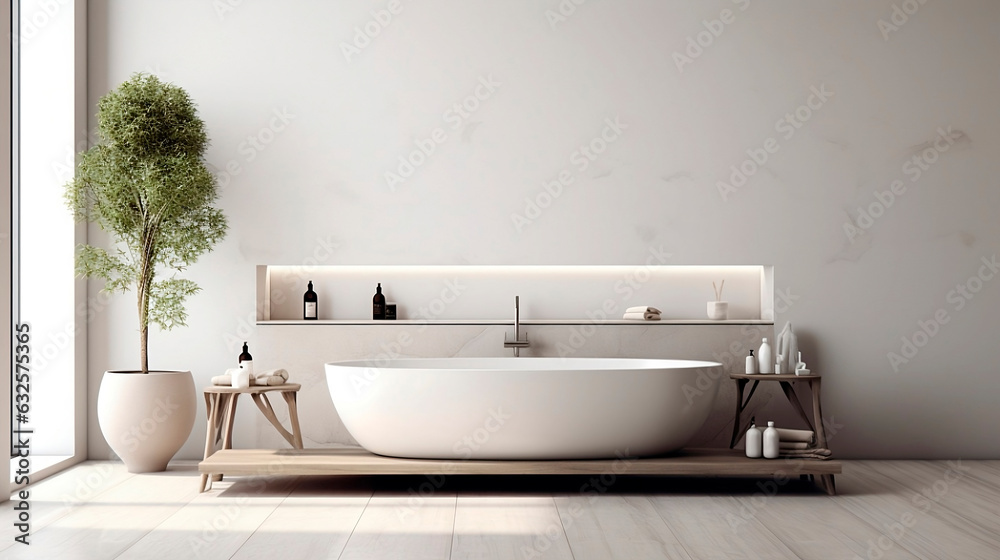 Interior of a modern bathroom with white walls, wooden floor, comfortable white bathtub standing on a wooden countertop and a concrete wall. Stylish mockup, 3D rendering Interior of a modern bathroom with white walls, wooden floor, comfortable white bathtub standing on a wooden countertop and a concrete wall. Stylish mockup, 3D rendering