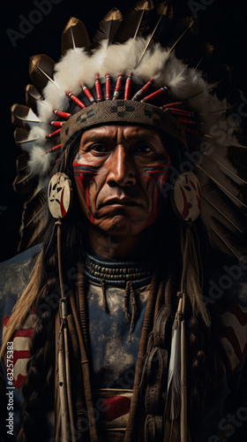 A portrait of a Native American soldier, the epitome of heritage, honor, and bravery, embodying a rich culture's history and military dedication.