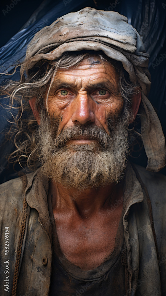 A portrait of a seasoned fisherman, weathered by the sea, bearing the marks of a life filled with dedication, expertise, and rugged experience.