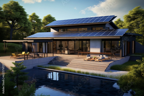 Capture the sun-kissed roof of a modern home, adorned with sleek black solar panels glistening under clear blue skies, harnessing renewable energy in harmony with nature." Generative AI © Maksym