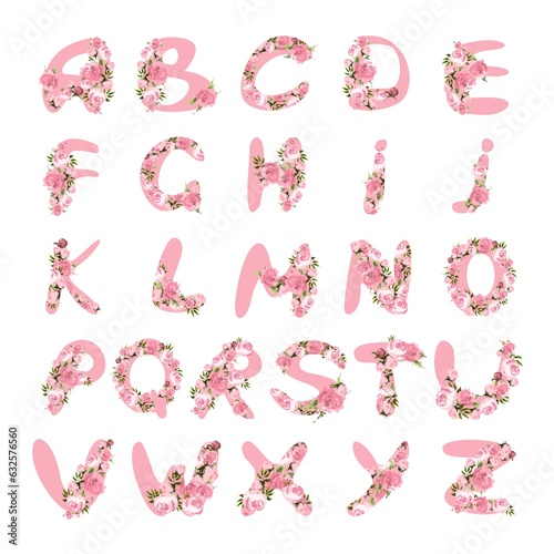 Floral alphabet font doodle letters with flowers and leaves 