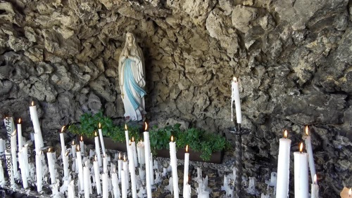 Religion, Burning candles in front of a small Madonna, Mary's Grotto near Goessweinstein in Franconian Switzerland, Bayreuth County, Upper Franconia, Bavaria, Germany, Europe photo