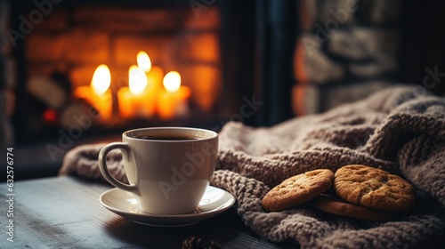 Steamy hot cup of espresso coffee on an old rustic wooden table, chocolate chip cookies, warm cozy stone fireplace, relaxing ambience, delightful cottage, peaceful atmosphere, autumn, generative ai