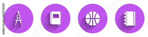 Set Drawing compass, Book, Basketball ball and Spiral notebook icon with long shadow. Vector