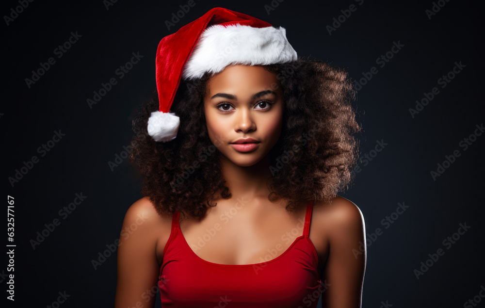 Young African American girl in a Santa Claus outfit with a Christmas background. Generative AI.