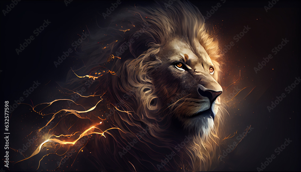 Lion of Judah, exuding strength and power. Christian conceptual illustration, lion in the sunset, Ai generated image  - obrazy, fototapety, plakaty 