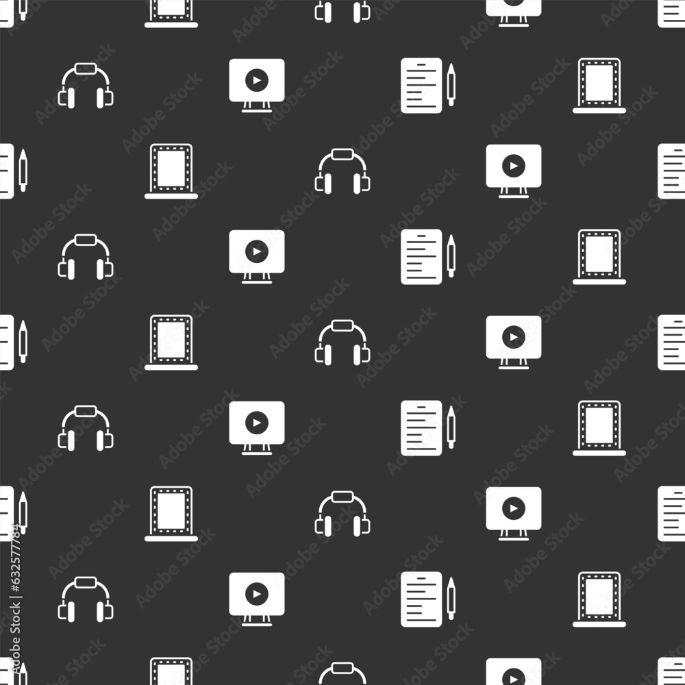 Set Scenario, Makeup mirror with lights, Headphones and Online play video on seamless pattern. Vector Set Scenario, Makeup mirror with lights, Headphones and Online play video on seamless pattern. Vector