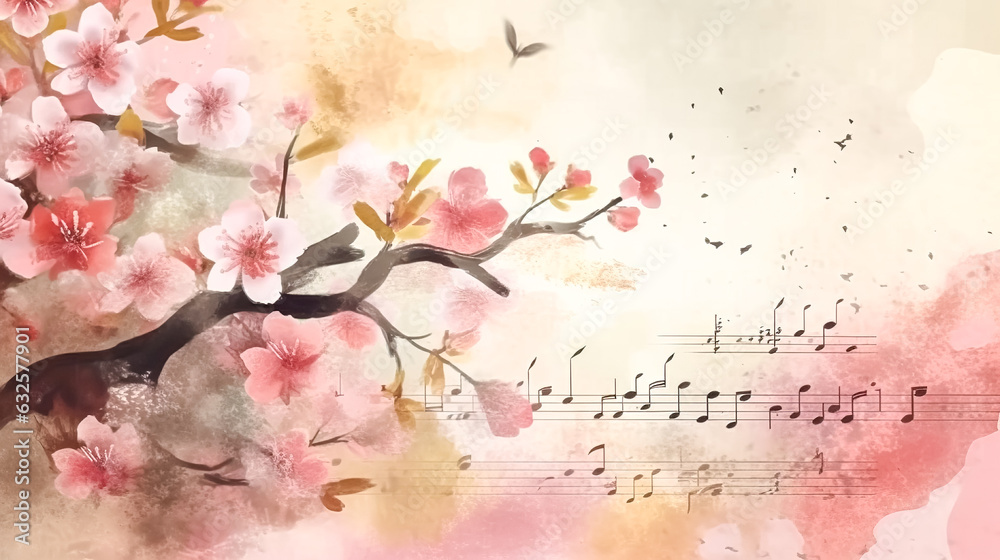 Fototapeta premium Musical background with sakura and notes, generative AI.