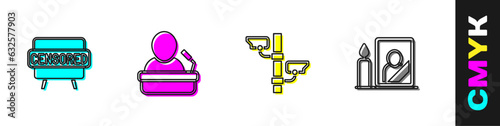 Set Censored stamp, Speaker, Security camera and Mourning photo frame icon. Vector