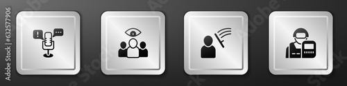 Set Freedom of speech, Spy, agent, Police beat human and officer icon. Silver square button. Vector